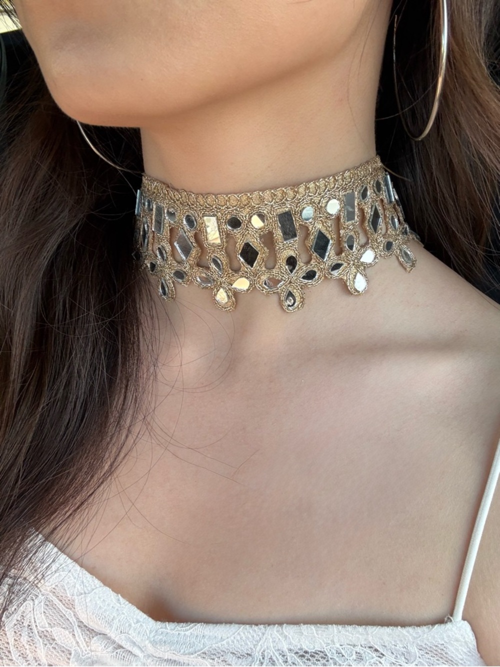 Gold Mirror-Accent Lace Choker Necklace - Women Jewelry